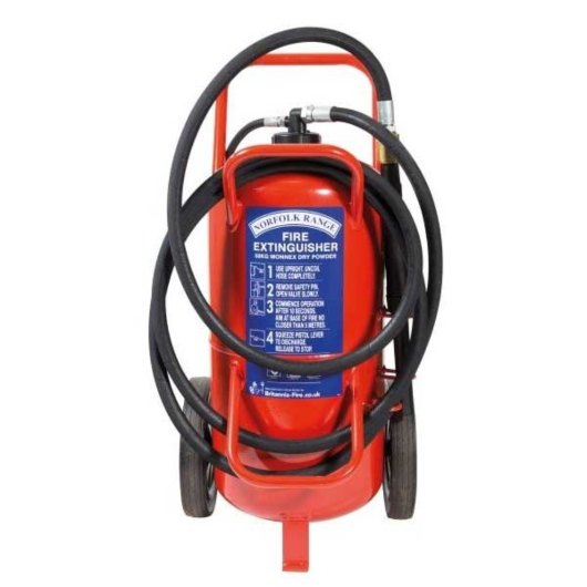 Front view of a Britannia Norfolk 50kg wheeled Monnex powder extinguisher with hose and label visible