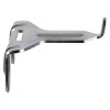 A bent metal bracket with a hook‑like end and a slotted fastening point for mounting or securing extinguishers