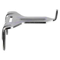 A bent metal bracket with a hook‑like end and a slotted fastening point for mounting or securing extinguishers