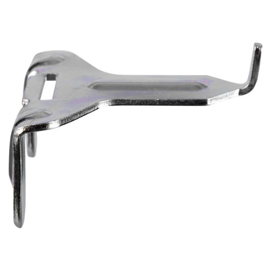 A bent metal bracket with a hook‑like end and a slotted fastening point for mounting or securing extinguishers