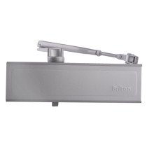 Front view of a silver Briton 1110 overhead door closer showing the arm and main body with the Briton logo