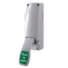 Angled view of a Briton single door push pad latch showing the push to open pad and mounting plate