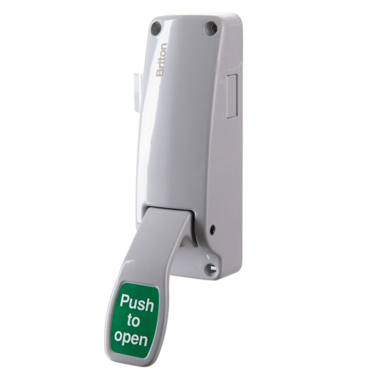 Angled view of a Briton single door push pad latch showing the push to open pad and mounting plate