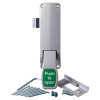 briton single door push pad latch with screws and metal fitting shown from the front with push to open button visible