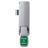 briton single door push pad latch shown from the front with a green push to open pad