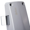 Close up of the latch on a Briton single door push pad showing the metal bolt and white casing