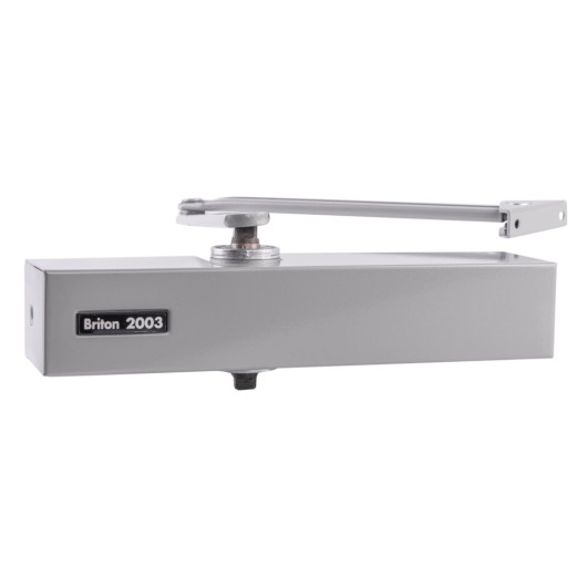 briton 2003 overhead door closer in silver shown from the front with arm visible and logo on side