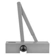 Side view of a Briton 2003v overhead door closer en1 4 in silver tone showing the main body and arm mechanism