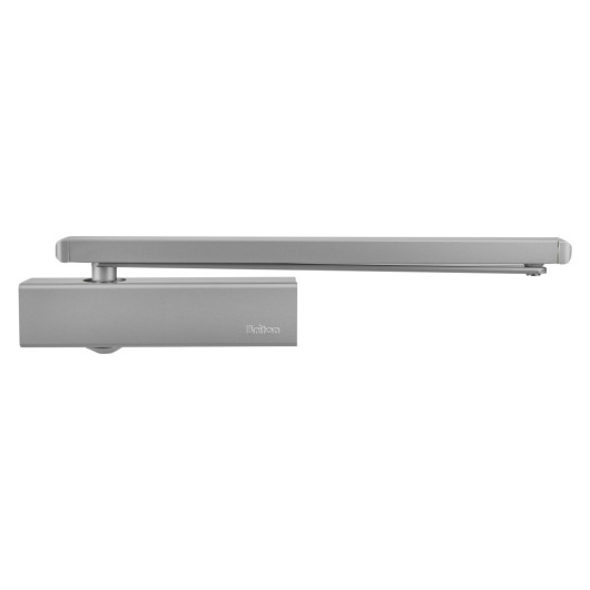 Front view of the Briton 2320bt overhead door closer side arm en2 4 in silver finish