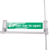 briton 376 single door panic bar with bolt shown from the front with a green push bar to open sign