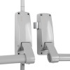 Closeup of briton 377 double door panic bar set with latch bolt showing the metal bars and mounting plates