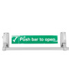 Front view of a briton 378 single door panic bar with latch showing the push bar and attached green sign