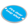 briton fire door keep shut sign shown from an angled view with blue background and white text