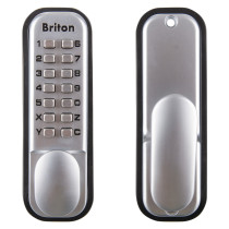 Front and back view of Briton 9160 push button mechanical lock with keypad and handle