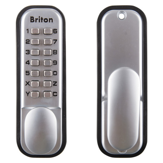 Front and back view of Briton 9160 push button mechanical lock with keypad and handle