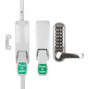 briton double door emergency pushpad set with latch bolt and mechanical code lock shown from the front with push to open pads and keypad handle