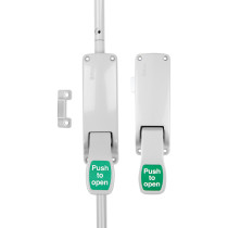 Front view of Briton double door emergency pushpad set with latch bolt showing two white pushpads with green labels