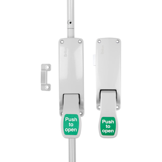 Front view of Briton double door emergency pushpad set with latch bolt showing two white pushpads with green labels