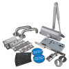 briton fire door kit lever on rose with br121ses showing handles, hinges, lock, door closer, cylinder and fire door keep shut signs