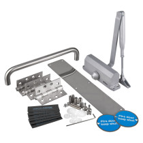 briton fire door kit pull handle with br121ses showing metal handle, hinges, door closer, fixings, plates, stickers and accessories laid out on white background
