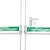 Front view of briton double door panic bar set with lever operated outdoor access device showing green push bars and a white lever handle with keys