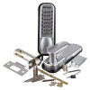 Contents of Briton 9160 Push Button Mechanical Lock including keypad, handle, latch, screws, and metal fittings on white background