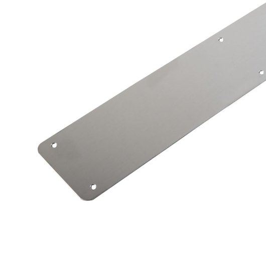 Closeup of a metal briton 4700 push plate 675 showing smooth surface and corner screw holes