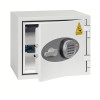 phoenix battery titan 1280 series electronic lock on a small white safe with door ajar showing the interior