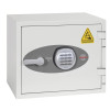 front view of a phoenix battery titan 1280 series electronic lock with keypad and handle on a light grey safe