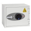 Front view of the phoenix battery titan 1280 series fingerprint lock showing keypad and handle on a light grey safe door