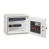 Open phoenix battery titan 1280 series key lock showing empty white interior and four keys hanging on the door panel