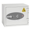 Front view of phoenix battery titan 1280 series key lock showing handle, key in lock, and warning label