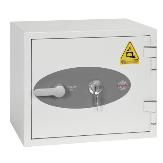 Front view of phoenix battery titan 1280 series key lock showing handle, key in lock, and warning label