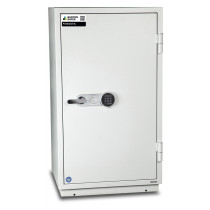 Front view of burton firebrand xl size 2 showing closed white door with digital keypad lock and handle