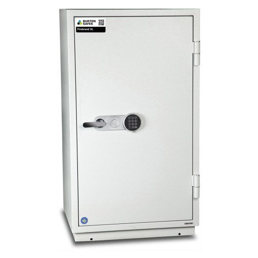 Front view of burton firebrand xl size 2 showing closed white door with digital keypad lock and handle
