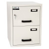 burton fireproof filing cabinet 2 drawer shown closed with key in lock and black handles on each drawer