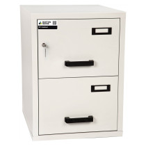 burton fireproof filing cabinet 2 drawer shown closed with key in lock and black handles on each drawer