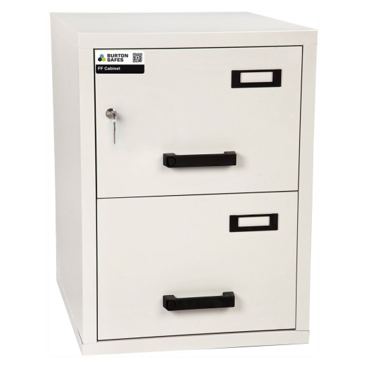 burton fireproof filing cabinet 2 drawer shown closed with key in lock and black handles on each drawer