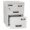 burton fireproof filing cabinet 2 drawer showing the bottom drawer open and top drawer closed with key in lock