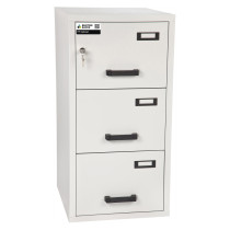 burton fireproof filing cabinet 3 drawer shown closed with key lock and label holders on each drawer