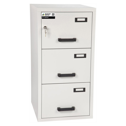 burton fireproof filing cabinet 3 drawer shown closed with key lock and label holders on each drawer