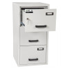 burton fireproof filing cabinet 3 drawer with top drawer open showing key lock and handles on a white cabinet