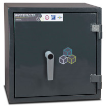 front view of firesec 1060 size 1 showing a square dark grey box with handle and labelled stickers
