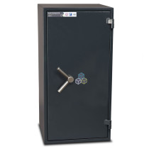 front view of the firesec 1060 size 3 showing a closed dark grey door with a metal handle and hinges