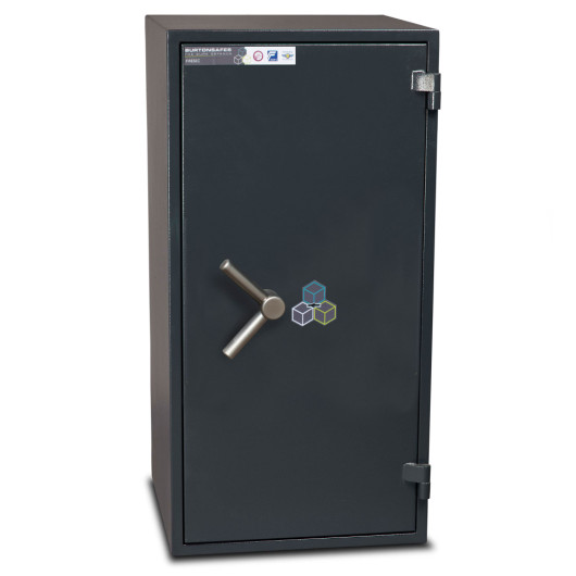 front view of the firesec 1060 size 3 showing a closed dark grey door with a metal handle and hinges