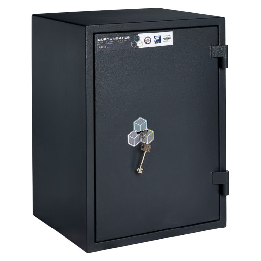 burton firesec 460 size3 fire security safe shown with key lock in door and three keys hanging from the lock