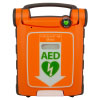 A bright orange defibrillator