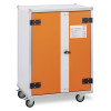 basic cemo lockex unit with orange doors and white frame on castors showing door handle and warning label