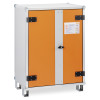 Large basic cemo lockex shown at an angle with orange front doors and latch handle on a white body