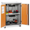 Open angled large basic cemo lockex with two orange doors and shelves holding electronic equipment and cables inside